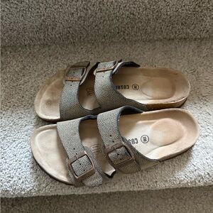 Tan Sandals with Adjustable Straps and Contoured Footbed